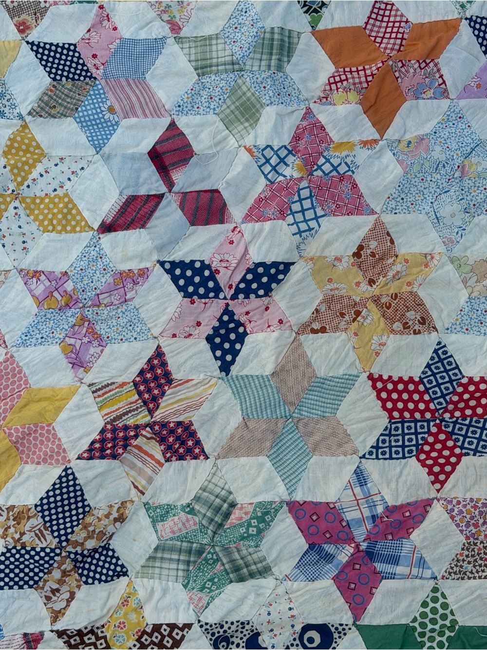 Vintage Handstiched Multicolor Patchwork Quilt Diamond Star Tattered Project Cut